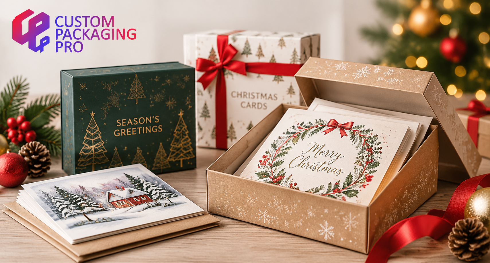 Custom Christmas card packaging boxes with festive greeting cards displayed for premium seasonal packaging solutions by Custom Packaging Pro UK.