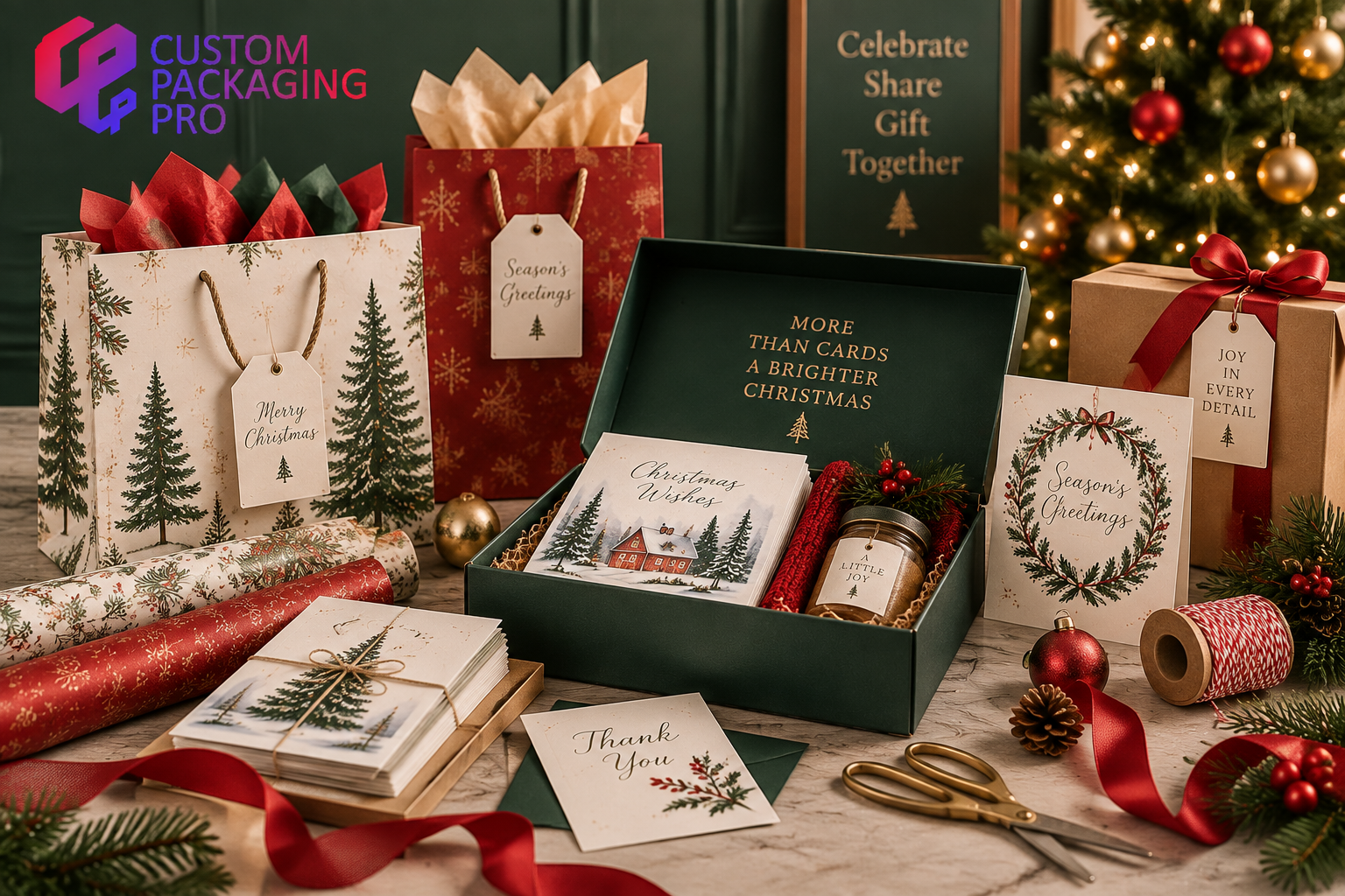 Christmas gift packaging display featuring branded gift bags, festive card boxes, wrapping paper, ribbons, and seasonal packaging solutions for UK businesses. Christmas gift packaging display featuring branded gift bags, festive card boxes, wrapping paper, ribbons, and seasonal packaging solutions for UK businesses.
