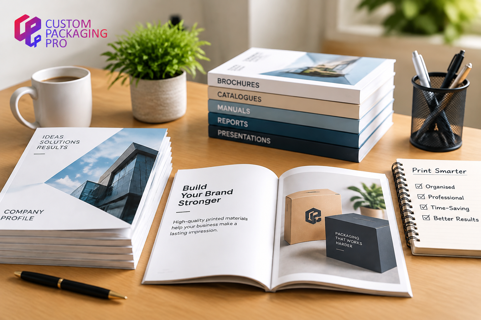 Collated printing example showing organised brochures, catalogues, manuals, reports, and professional business documents ready for distribution