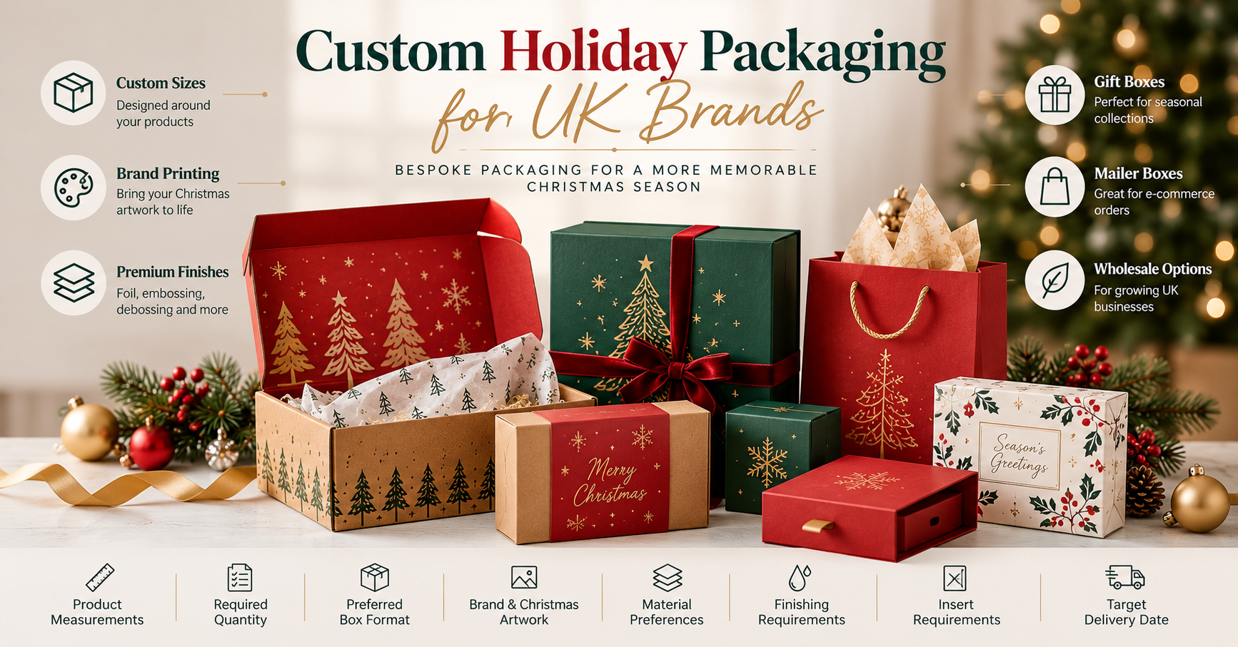 Custom holiday packaging for UK brands with Christmas gift boxes, mailer boxes and branded festive packaging