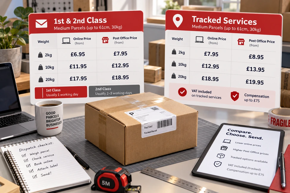 Royal Mail medium parcel price comparison for 2026 showing 1st Class, 2nd Class and Tracked delivery services with online and Post Office postage options.