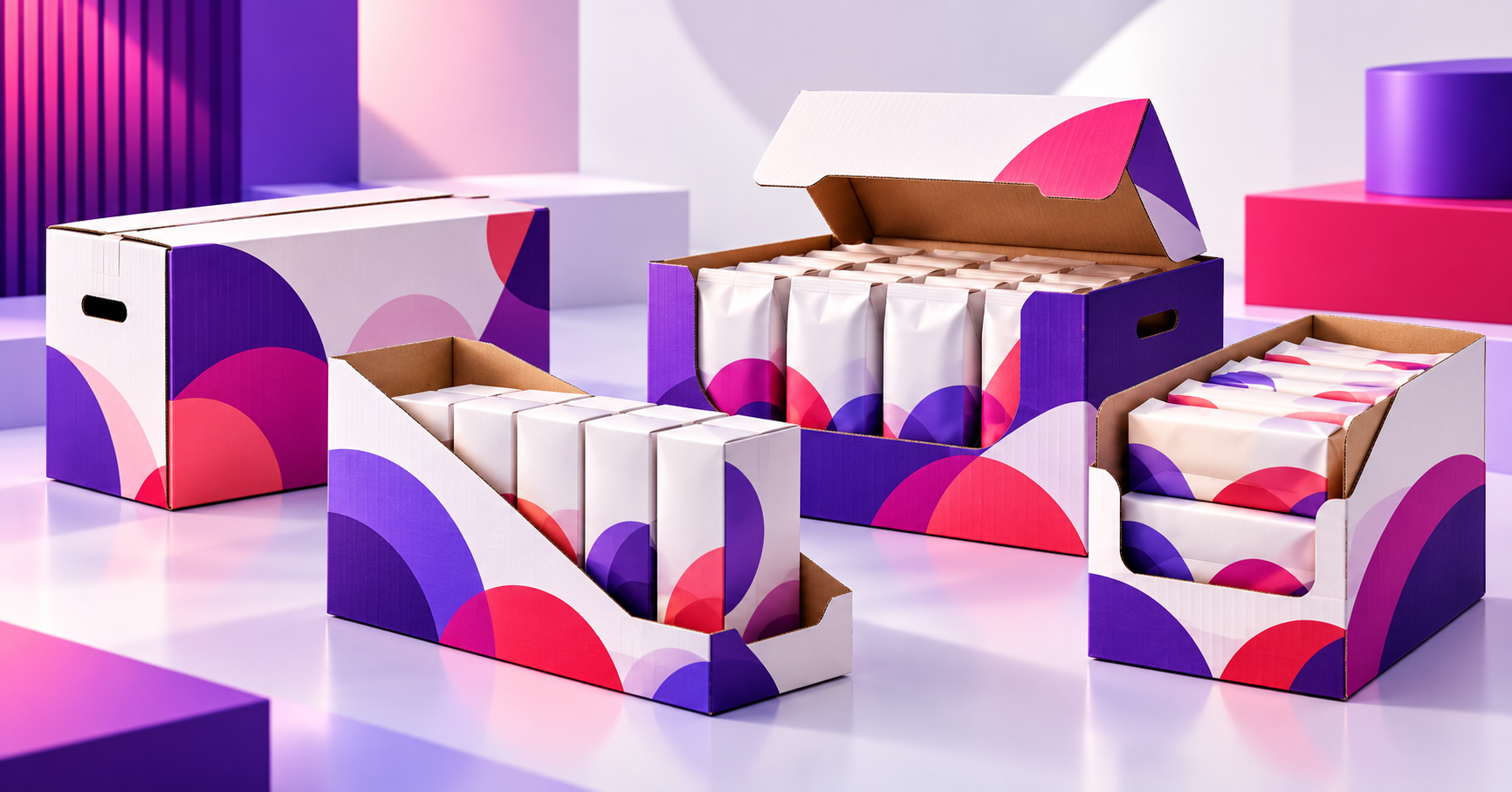 Pastel-toned custom packaging boxes featuring geometric shapes and organized retail product displays