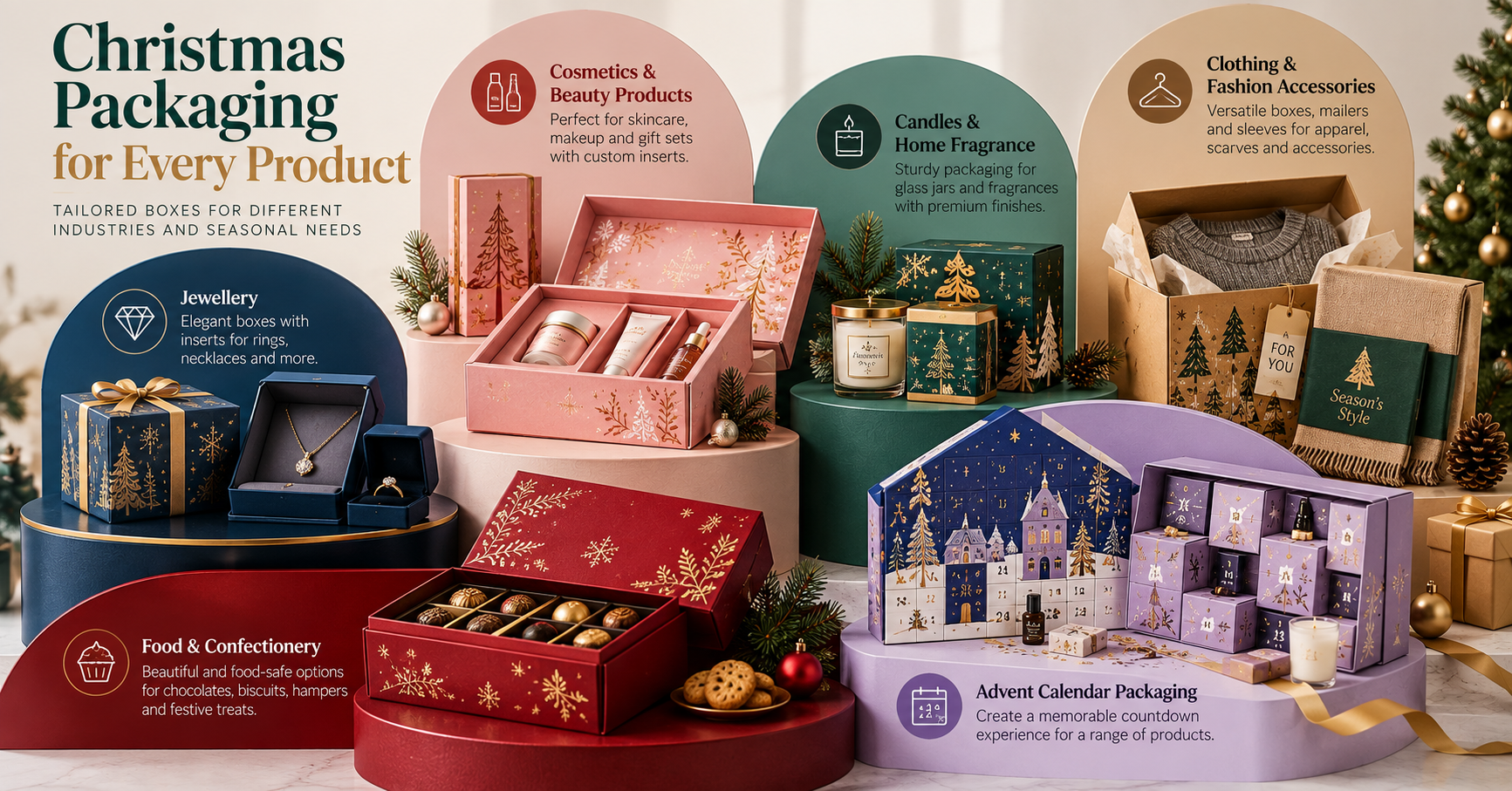 Christmas packaging boxes for jewellery, cosmetics, candles, clothing, food and Advent calendar products