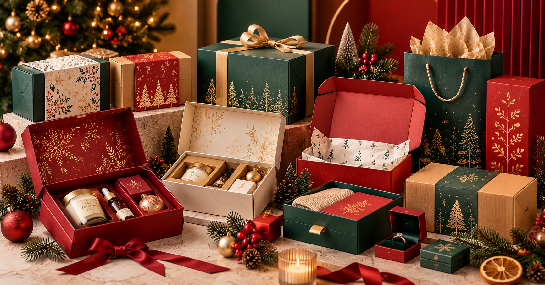 Christmas holiday packaging ideas with custom gift boxes, festive mailers, inserts and premium seasonal packaging