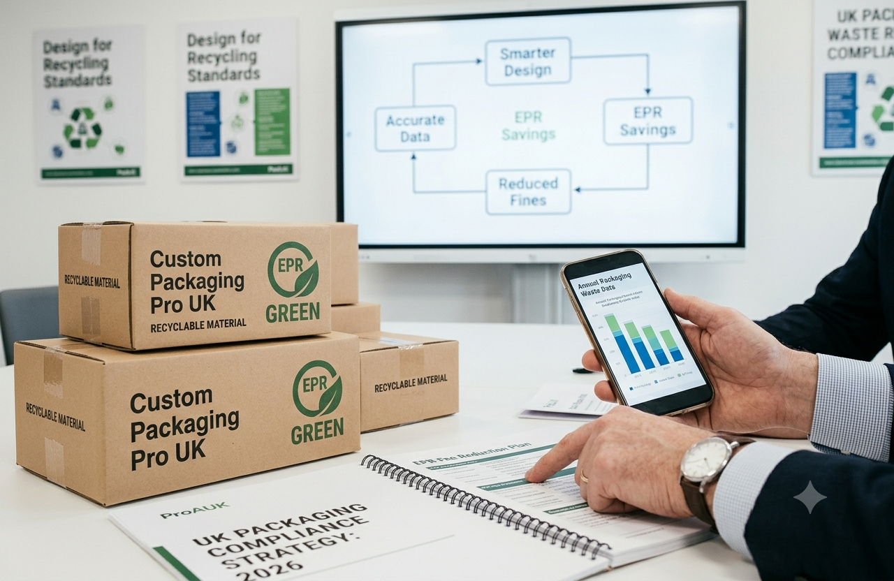 Professional team reviewing UK packaging compliance data and sustainable box designs in a boardroom meeting.