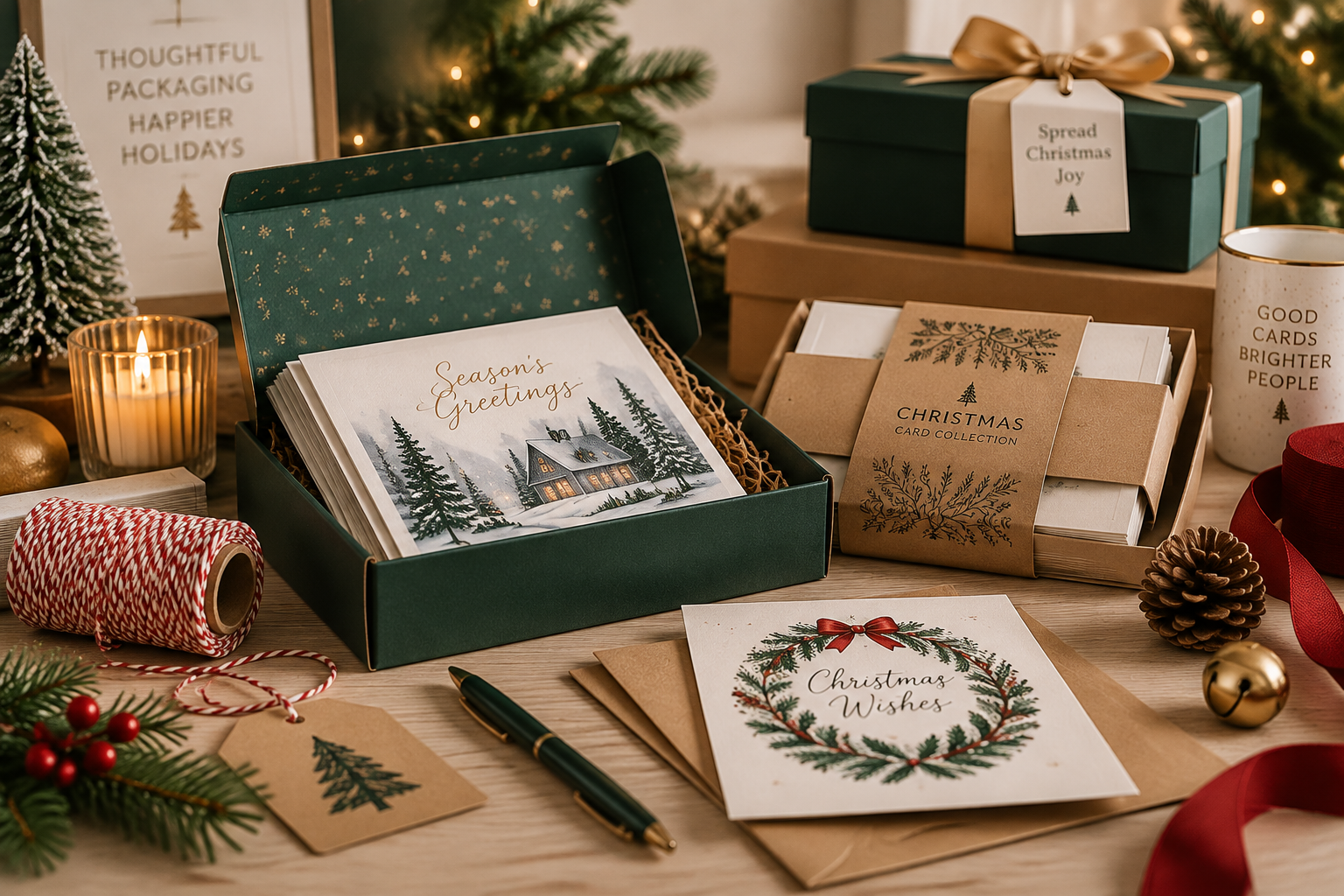 Festive Christmas card packaging boxes with greeting cards, ribbons, and premium seasonal gift packaging display for UK businesses. Festive Christmas card packaging boxes with greeting cards, ribbons, and premium seasonal gift packaging display for UK businesses.