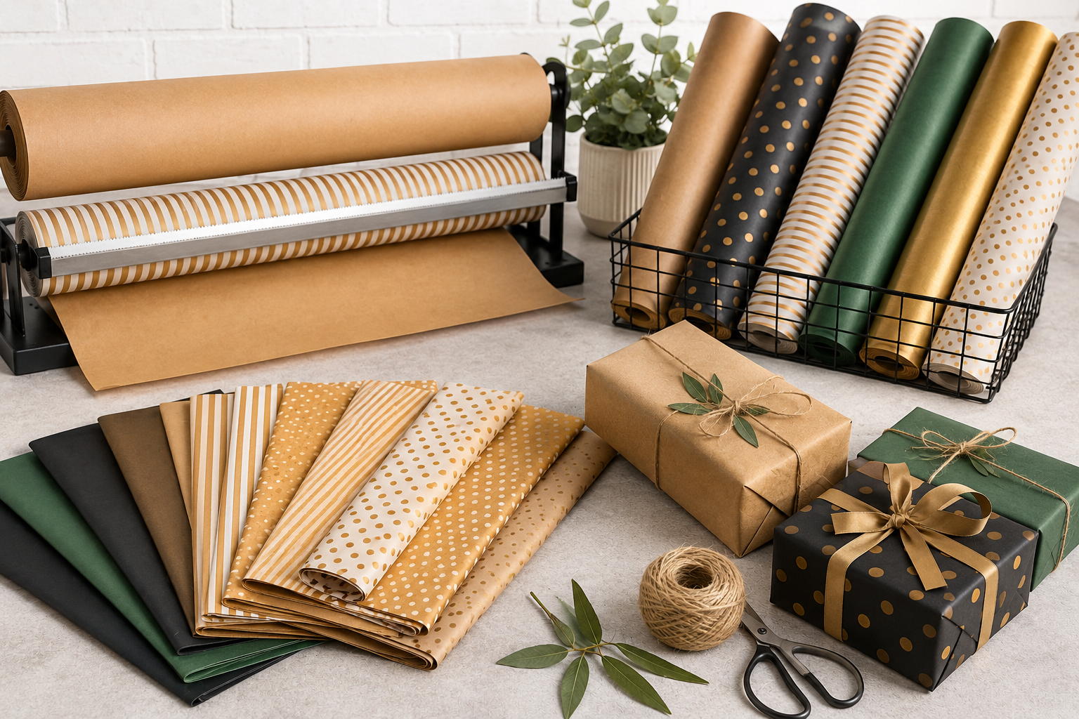 Wrapping paper rolls and sheets with kraft gift boxes for premium packaging Wrapping paper rolls and sheets with kraft gift boxes for premium packaging