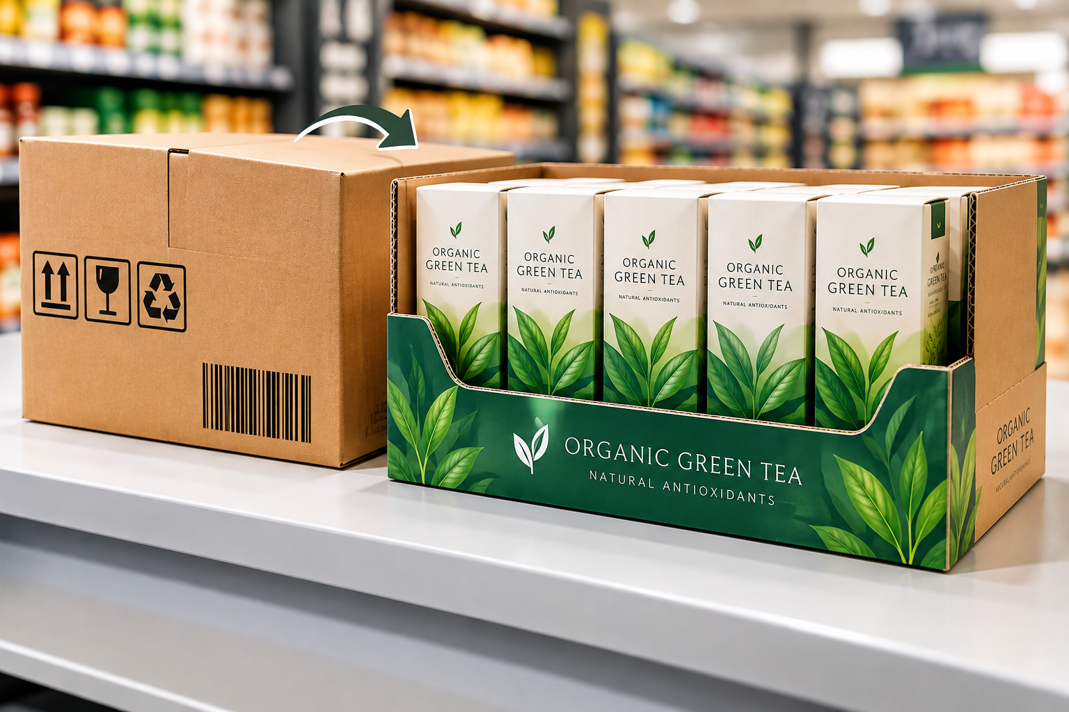 Custom corrugated shelf ready packaging with product pouches arranged for retail display