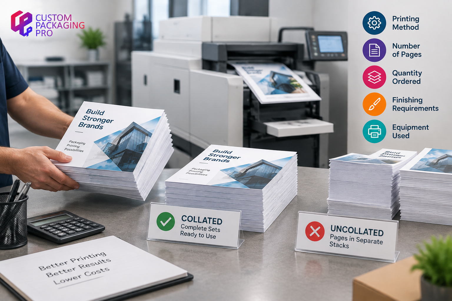 Collated printing process showing organised brochure sets, commercial printer, and comparison between collated and uncollated document pages