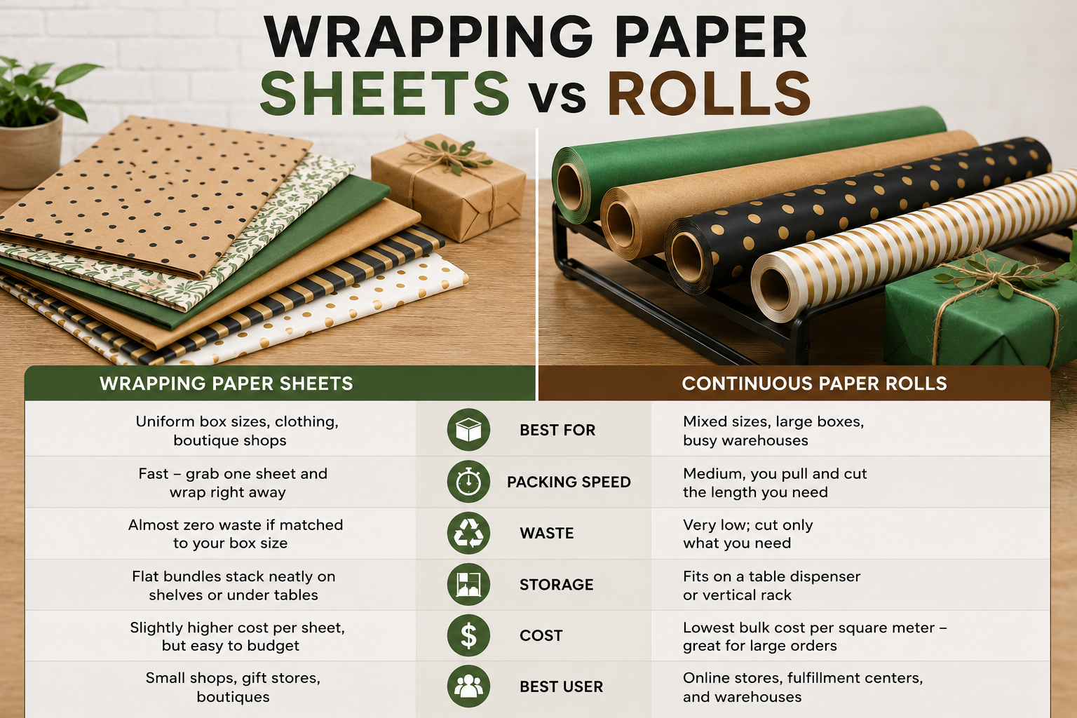 Wrapping Paper Sheets vs Rolls Comparison Wrapping paper sheets vs rolls comparison for gift wrapping and retail packaging