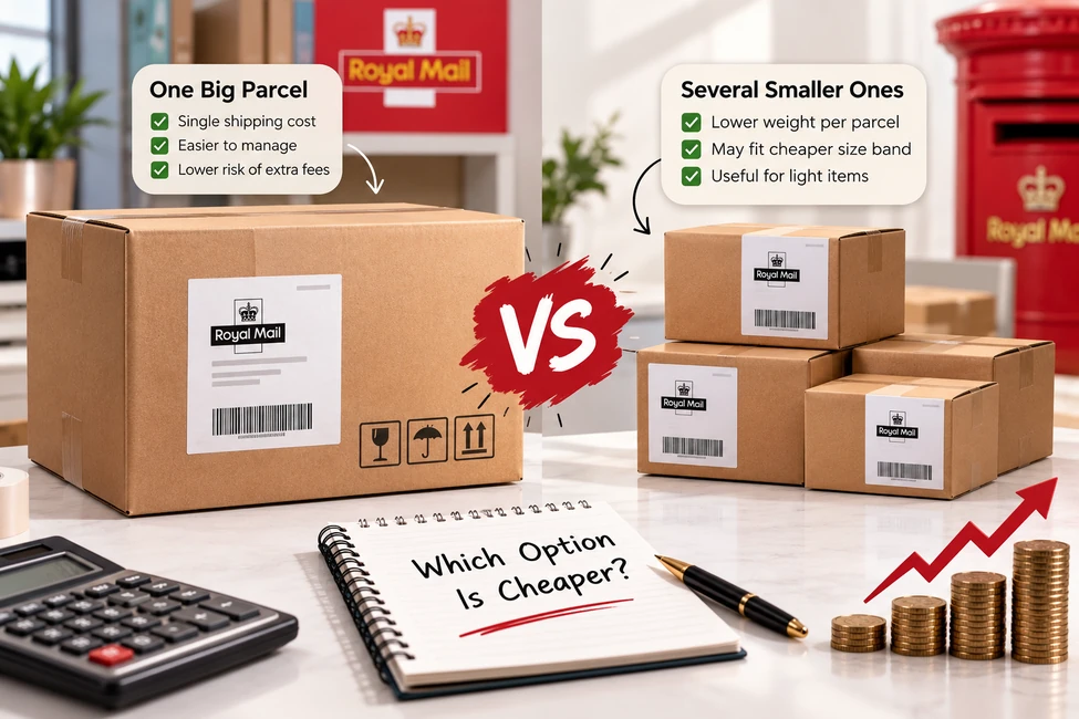 Comparison of one big parcel versus several smaller Royal Mail parcels to help UK businesses choose cheaper shipping options.